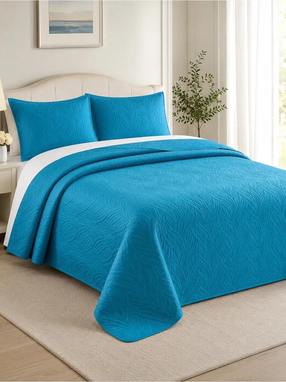 Bright Blue Quilted Bedspread Set king set
